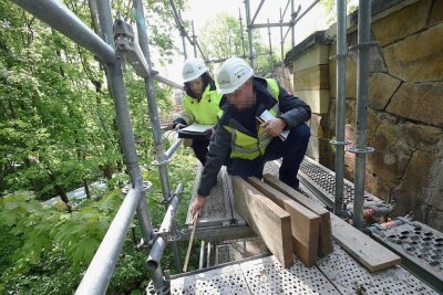 IG Bau fordert für Sachsen mehr Arbeitsschutz-Kontrolleure - Mitarbeiter der Landesdirektion Sachsen bei einer Kontrollaktion zur Sicherheit von Baugerüsten auf einer Baustelle in Chemnitz. 