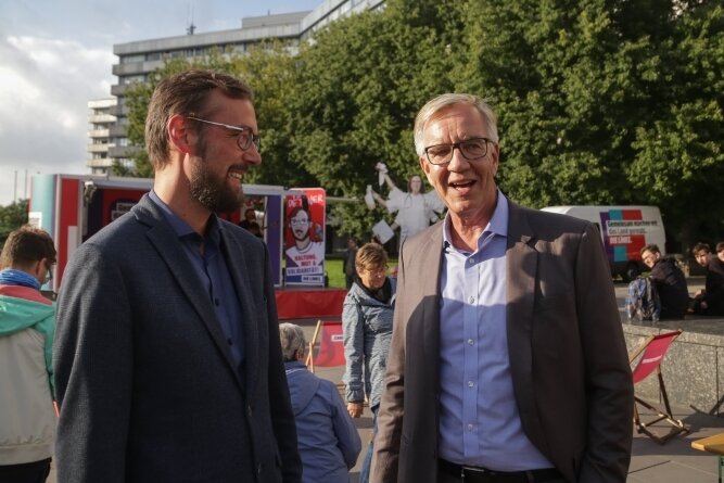 Dietmar Bartsch (rechts), Co-Fraktionsvorsitzender der Linkspartei im Bundestag, mit dem Chemnitzer Direktkandidaten Tim Detzner. 