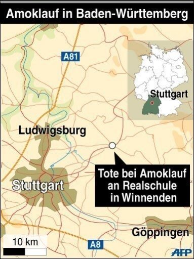 Infografik: Amoklauf in Baden-Württemberg -  Bei dem Amoklauf an einer Realschule bei Stuttgart sind mindestens zehn Menschen getötet worden. Mehrere Menschen wurden zudem verletzt. Der mutmaßliche Täter befindet sich auf der Flucht. 