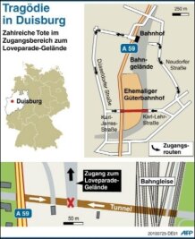 Infografik: Tragödie in Duisburg - Das Unglück auf der Love-Parade ereignete sich am Samstag kurz nach 17.00 Uhr an einem überfüllten Tunnel, dem zentralen Zugang zu dem Partygelände am alten Duisburger Güterbahnhof.