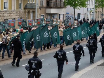 Innenminister: Werden Neonazi-Demonstration in Plauen auswerten -            Teilnehmer eines rechten Aufmarsches der Partei "Der dritte Weg" gehen eine Straße entlang.