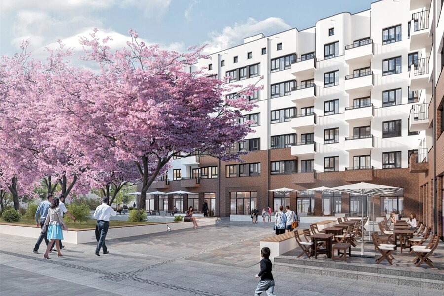 Investor kündigt Baustart neben Chemnitzer Tietz an - Das soll ab 2024 in der Baugrube entstehen - So soll die Neue Johannisvorstadt einmal aussehen. Mit Geschäften und Bars unten, Wohnungen, Büros und Praxen oben.