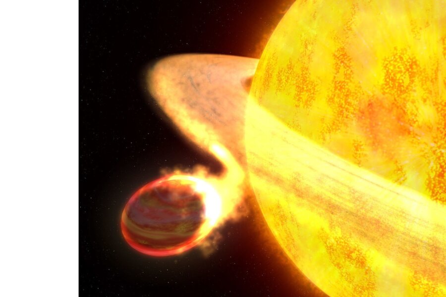 Jeder zwölfte Stern hat schon einen Planeten verschlungen - Die Illustration zeigt den Exoplaneten WASP-12b. Er ist der heißeste bekannte Planet in der Milchstraßengalaxie und möglicherweise der am kürzesten lebende.