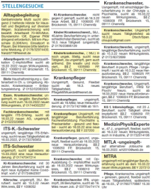 Job-Anzeigen in Zeitungen: Kein Beleg für angebliche Kündigungswelle bei Medizin- und Pflegepersonal - Ausriss aus dem Anzeigenteil der "Freien Presse" vom 22.Januar. 