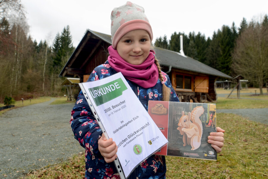 Jubiläums-Besucherin im Walderlebnisgarten Eich geehrt - Stolz zeigt Elisabeth Sekora als 35.000. Besucherin im Walderlebnisgarten Eich ihre Urkunde vor. 