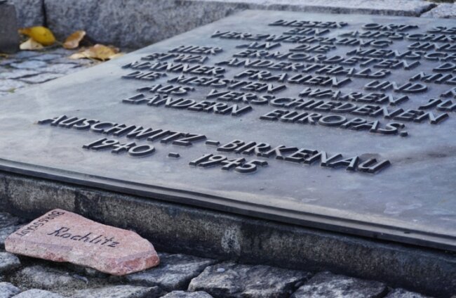 Bei ihrem Besuch in Auschwitz-Birkenau legten die Schülerinnen und Schüler aus Mittelsachsen auch einen Porphyrstein ab. 