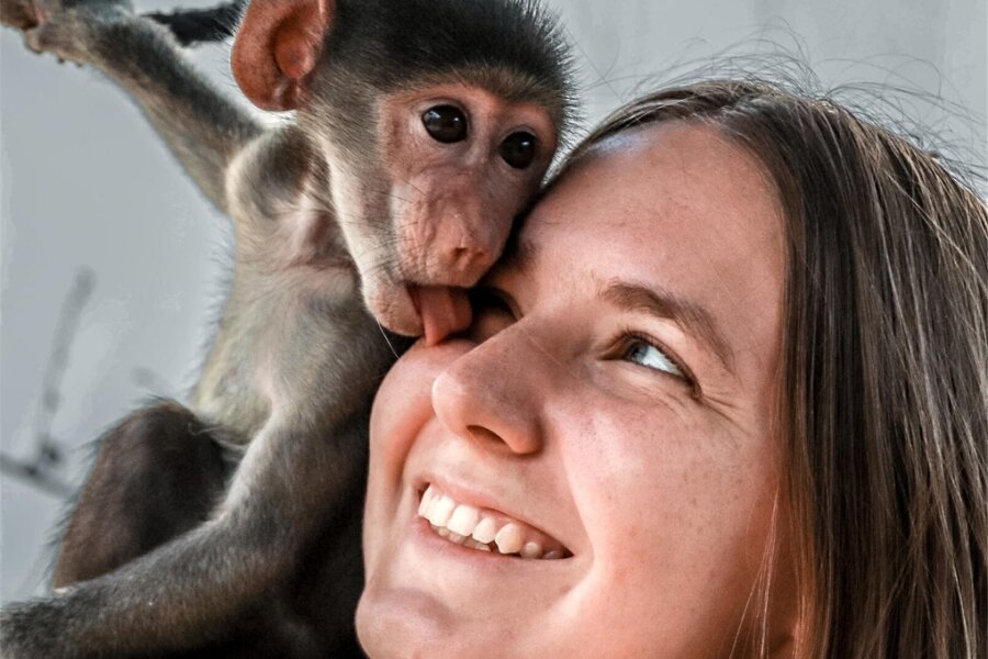 Junge Etzdorferin Auge in Auge mit kleinen Affen - Salome Volkmann arbeitete 2022 drei Wochen als Freiwillige auf einer Affenauffangstation in Südafrika und fotografierte dort auch.