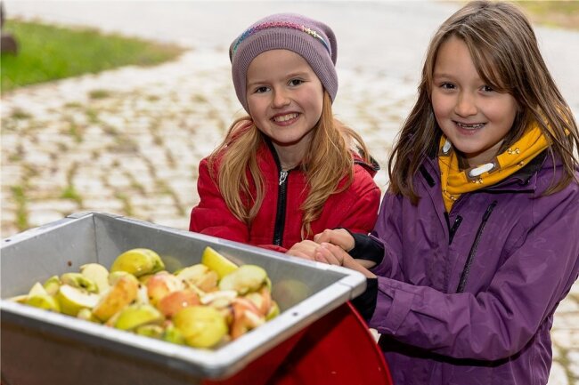 Junge Naturwächter helfen in Oberlauterbach, aus Äpfeln Saft zu machen - Anika (rechts) und Paula beim Zerkleinern der Äpfel. 