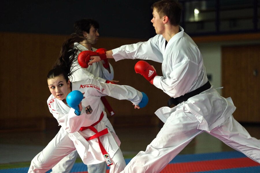 Karate-Do Rochlitz: Junge Europameisterin gibt wertvolle Tipps - Reaktionsschnell: Valentin Leißner (r.) trainierte mit Europameisterin Sidney-Michelle Ott beim Lehrgang in Rochlitz.