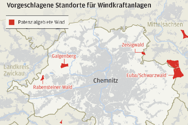 Kaum geeignete Plätze für Windräder - Vorgeschlagene Standorte für Windkraftanlagen in der Chemnitzer Umgebung