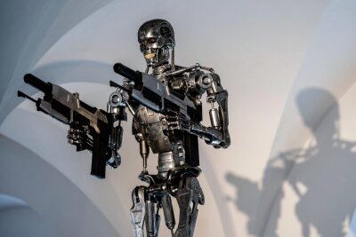 KI-Expertin: "Wir brauchen eine Regulierung, die für alle Akteure gilt" - Eine Nachbildung der Filmfigur "Terminator" steht in einer Ausstellung auf der Festung Königstein. In der Geschichte um den Killer-Roboter hat sich eine Künstliche Intelligenz namens Skynet gegen ihre menschlichen Schöpfer gewandt und setzt alles daran, die Menschheit auszulöschen. Alles Fiktion, aber ... 