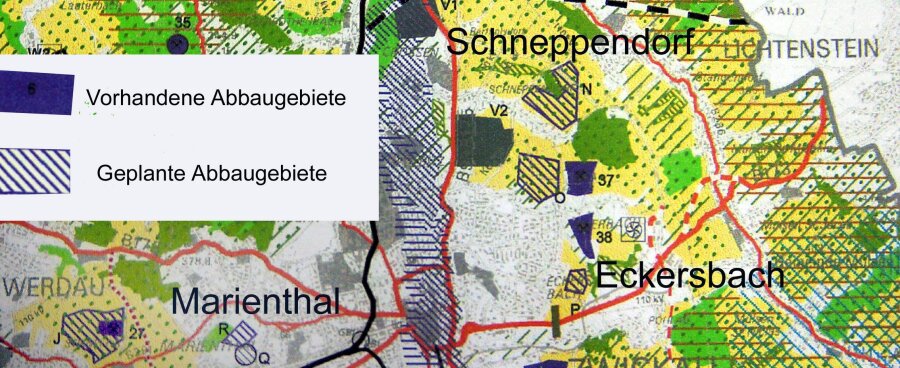 Kies auch nahe der Vogelsiedlung - Regionalplan Südwestsachsen: Sichtbar sind speziell die Vorkommen in Schneppendorf, Eckersbach und Marienthal. Das Schraffierte in der Mitte stellt Überschwemmungsbereiche an der Mulde dar. 