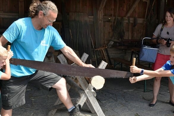 Kinder dürfen im Museum zupacken - Museumsmitarbeiter Rico Kuharski gibt Hilfestellung beim Abtrennen einer Baumscheibe mit der Schrotsäge.