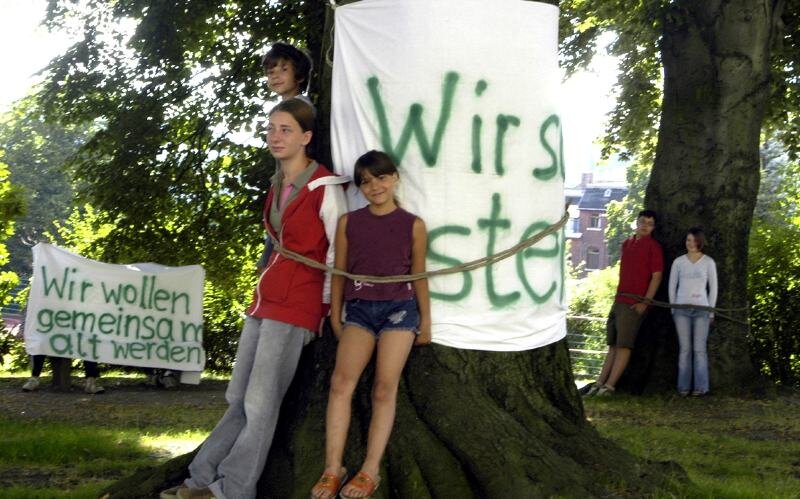 Kinder lassen sich an alte Bäume fesseln - <p class="artikelinhalt">Roman, Jennifer und Bianca (von links) zählten zu den insgesamt acht Kindern, Jugendlichen und Erwachsenen, die sich am Montag an die bedrohten Bäume am Siegelohplatz fesseln ließen. "Wir sollen sterben" und "Wir wollen gemeinsam alt werden" stand auf den Protestplakaten. </p>