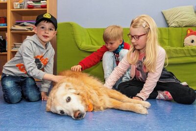 Kinderschutzbund seit 30 Jahren stetig gewachsen - Therapiehund Merry ist der beste Freund der Kinder im Hort Breitenbrunn. Moritz, Florian und Pia (v. l.) lieben den Vierbeiner, denn ihm können sie so manches Geheimnis anvertrauen. Er plaudert nichts aus. 