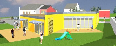 Kindertagesstätte platzt aus allen Nähten - So wie auf dieser Computergrafik könnte der neue Komplex mit Kindergarten, -krippe und Hort in Großwaltersdorf aussehen.