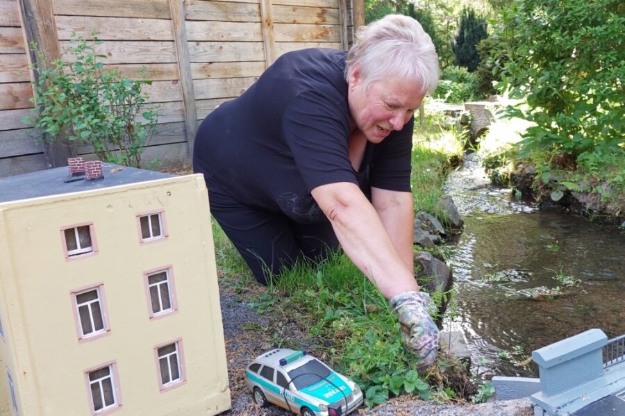 Seit 30 Jahren unterstützt Elvira Schreckenbach den Verein Klein-Erzgebirge, hier bei der Gartenpflege. Sie ist kein Mitglied, aber setzt sich für den Tourismusmagneten ihrer Heimatstadt Oederan ein. Das Bild zeigt die Flöhabrücke in Flöha mit Polizei-Blitzer.
