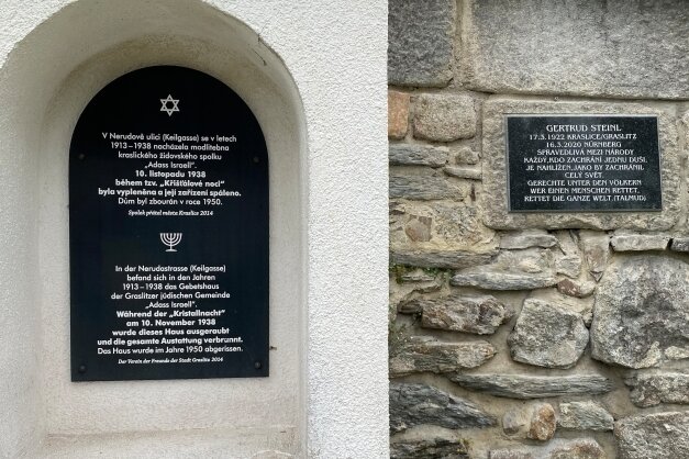 Kleine Tafel steht für eine bewegende Geschichte - Gedenktafel in Kraslice für Gertrud Steinl neben dem kleinen jüdischen Denkmal in der Neruda-Straße. 
