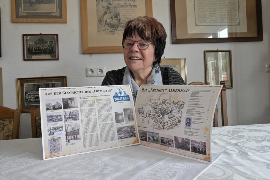 Kleines Dorf im Erzgebirge feiert 500 Jahre Freigut Albernau - Gisela Kirchneck, Heimatforscherin aus Albernau, beschäftigt sich mit der Geschichte des Freiguts Albernau. Sie zeigt Entwürfe für Informationstafeln, die dort aufgestellt werden sollen, wo sich das Freigut befand.