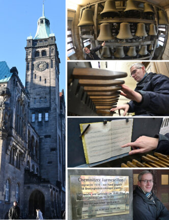 Sebastian Liebold ist einer von drei Carillonneuren, die das Carillon im Turm des Neuen Rathauses in Chemnitz spielen. Zum Friedenstag am Sonntag ist an dem Instrument in der Uhrenstube auf dem Turm wieder Saisonstart.