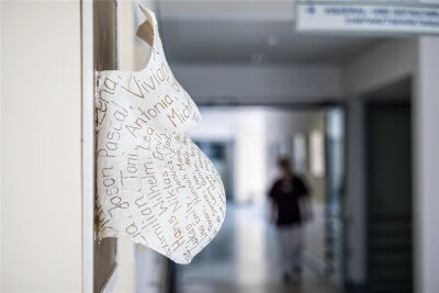 Klinikum Mittweida öffnet Türen zum Kreißsaal - Ein Gipsbauch voller Vornamen hängt im Mittweidaer Krankenhaus direkt vor dem Eingang zum Kreißsaal.