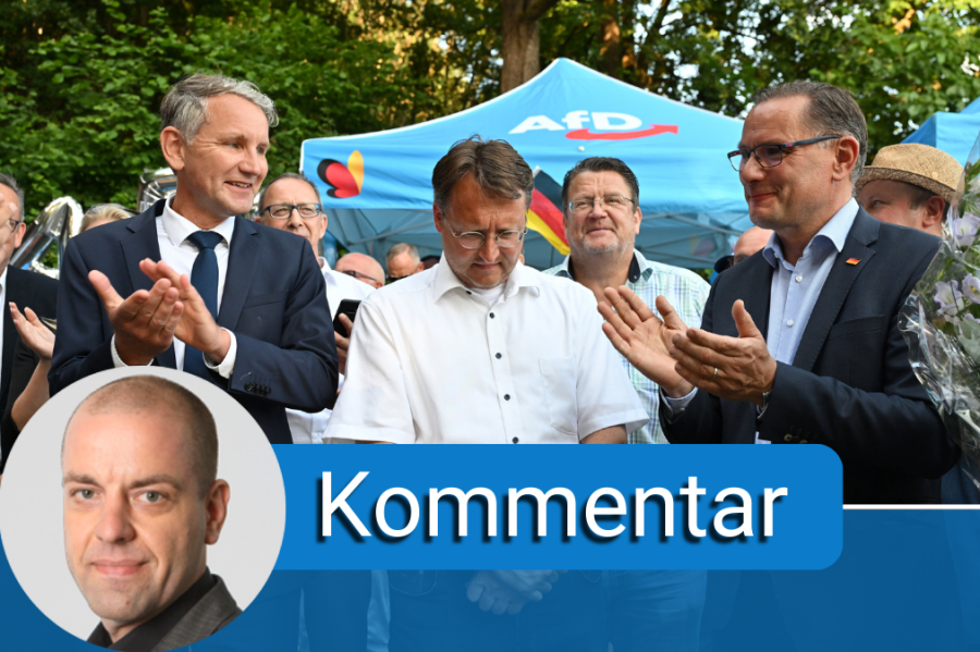 Kommentar zum ersten AfD-Landrat: Die neue deutsche Normalität - Fotocollage - im Hintergrund Björn Höcke, Tino Chrupalla und Robert Sesselmann 