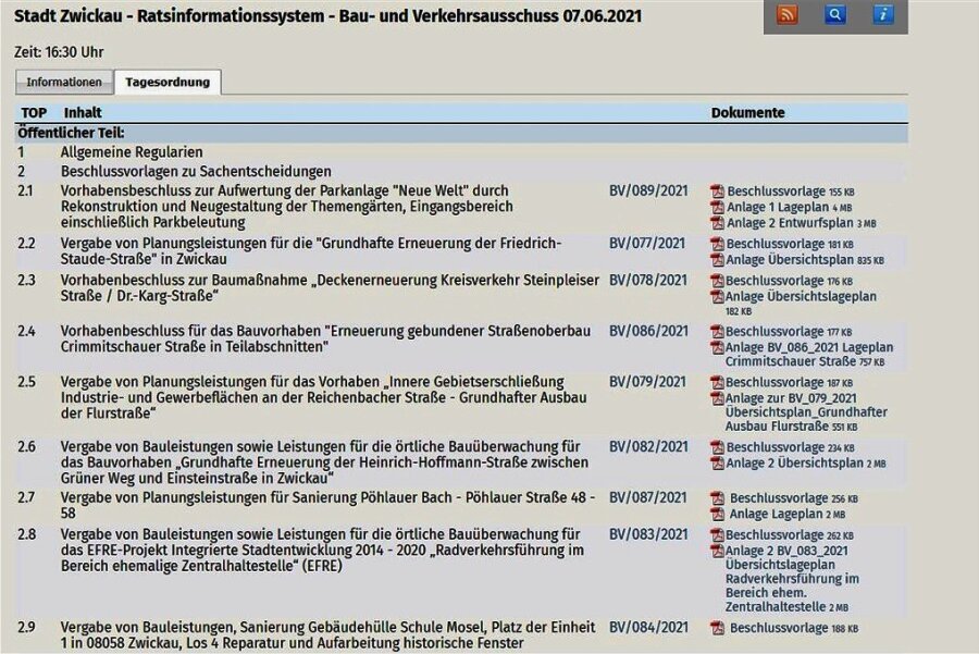Im Ratsinformationssystem des Zwickauer Stadtrates im Internet kann man sich Tagesordnungen und Beschlussvorlagen ansehen. 