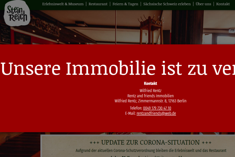 Kompletter Freizeitpark in der Sächsischen Schweiz zu verkaufen - Ein rotes Banner weist auf der Steinreich-Website darauf hin, dass der Freizeitpark zum Verkauf steht.