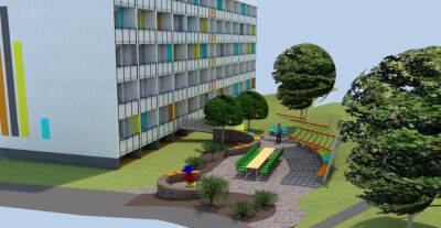 Kooperation für ein neues Wohnangebot - Die Fassade des Hauses Erzstraße 2 im Wohngebiet Heide ist bereits fertig. 2022 soll diese Gartengestaltung folgen. 