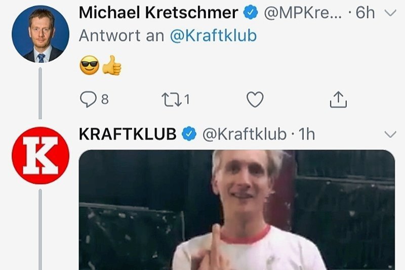 Kraftklub kontra Kretschmer - Ende der Debatte: Kraftklub-Sänger Felix Brummer zeigt Ministerpräsident Michael Kretschmer den Mittelfinger.