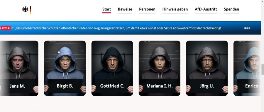 Künstlergruppe weitet Attacke auf AfD aus: Lockangebot zur Selbstdenunziation - Ausschnitt aus der Website www.AFD-verbot.de