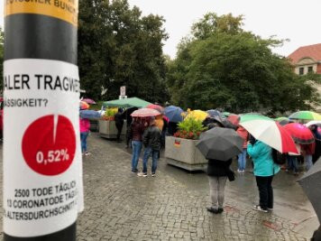 Kundgebung gegen Corona-Auflagen in Plauen - Eine rund zweistündige Kundgebung gegen die Maskenpflicht zum Schutz vor Corona-Infektionen und für freiheitliche Grundrechte hat am Samstagnachmittag bei strömendem Regen in Plauen stattgefunden.