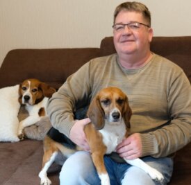 Laborhund Casper und sein neues Leben - Andreas Hertel hat Casper auf den Schoß genommen. In Lengenfeld fühlt sich der ehemalige Labor-Beagle zusammen mit Loui, dem zweiten Hund der Familie, wohl. 