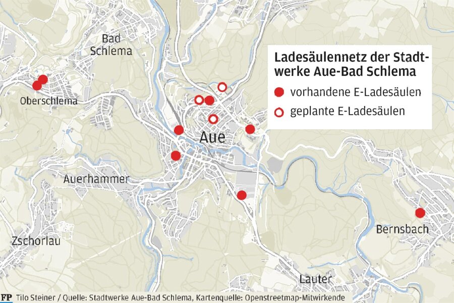 Ladestationen für Elektroautos: Wo die Stadtwerke Aue Fahrzeuge unter Strom setzen - Das Ladenetz der Stadtwerke Aue-Bad Schlema wächst.
