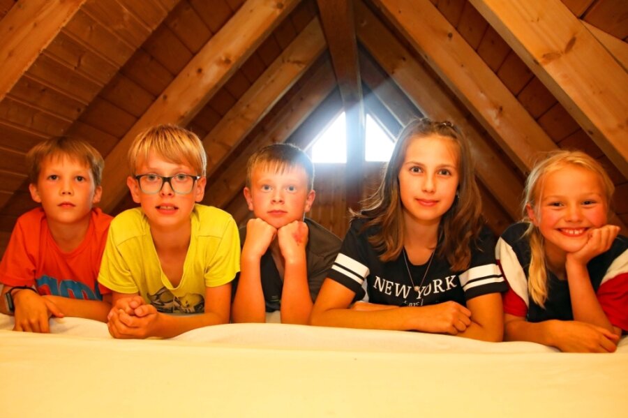 Dominique, Elias, Til, Elisa und Bibi (von links) hatten am Wochenende im Heuhotel der Pension Jakob in Fraureuth eingecheckt.
