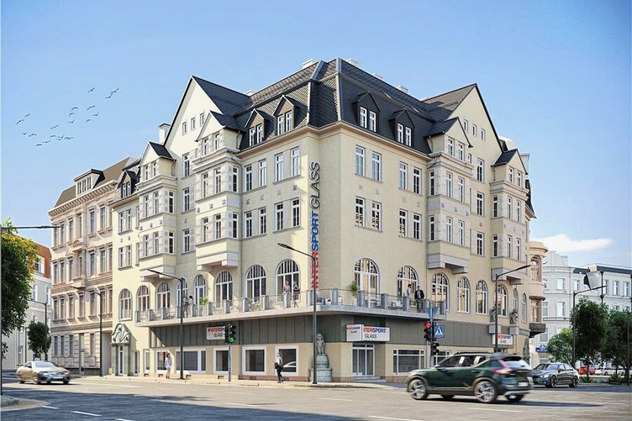 Leben und Wohnen im Goethe-Palais im Herzen von Aue: Die ersten Mieter sind eingezogen - So soll das Haus nach seiner Fertigstellung aussehen, aufgenommen wird dabei als Fassadengestaltungselement der ursprünglich vorhandene, umlaufende Balkon.