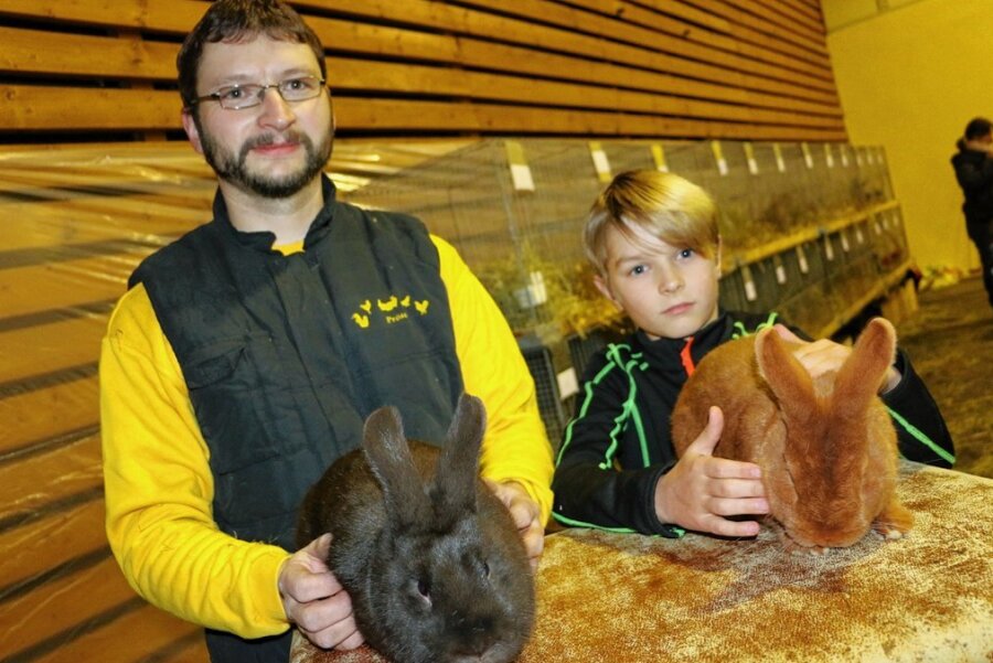 Leubnitzer Familie vom Reiz rassiger Kaninchen gepackt - Tommy Pröse und Sohn Tyler. Der große Züchter zeigt ein Kaninchen der Rasse Havanna, der Nachwuchszüchter mag die Rasse Sachsengold. 