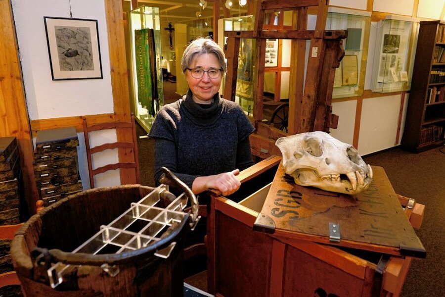 Lichtensteiner Stadtmuseum zieht mit Eimer, Fahnen und Löwenschädeln ins Palais um - Anne-Sophie Berner mit einem Schöpfeimer aus dem 16. oder 17. Jahrhundert, der in einem unterirdischen Gang entdeckt wurde, und einem Schädel aus der Sammlung von "Löwenzüchter" Karl Max Schneider. 