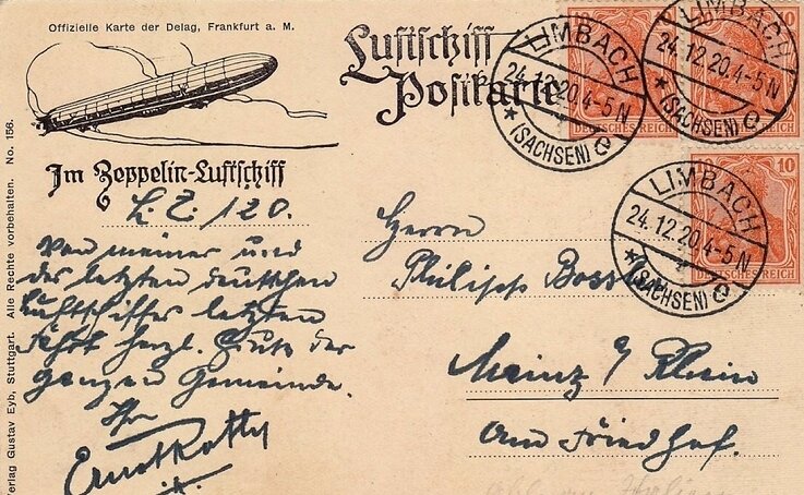Limbacher Zeppelin-Karte entdeckt - 
              <p class="artikelinhalt">Bisher einzige Abwurfkarte vom Flugschiff Zeppelin über Limbach.</p>
            