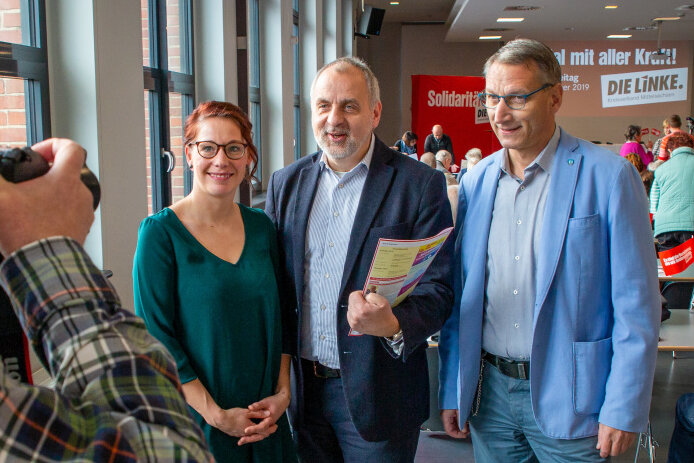 Linken-Politiker hakt zu Weco nach -  v.l.n.r.: Marika Tändler-Walenta (Kreisvorsitzende, MdL), Volker Holuscha (OB Flöha), Rico Gebhardt (MdL, Fraktionsvorsitzender)