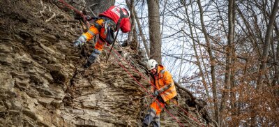 Lose Steine und gefährliche Bäume an B 173 bei Falkenau kommen weg - Mitarbeiter der Jähnig GmbH Felssicherung und Zaunbau aus Dorfhain haben am gestrigen Montag mit Felssicherungsarbeiten oberhalb der Ortslage Falkenau begonnen. 