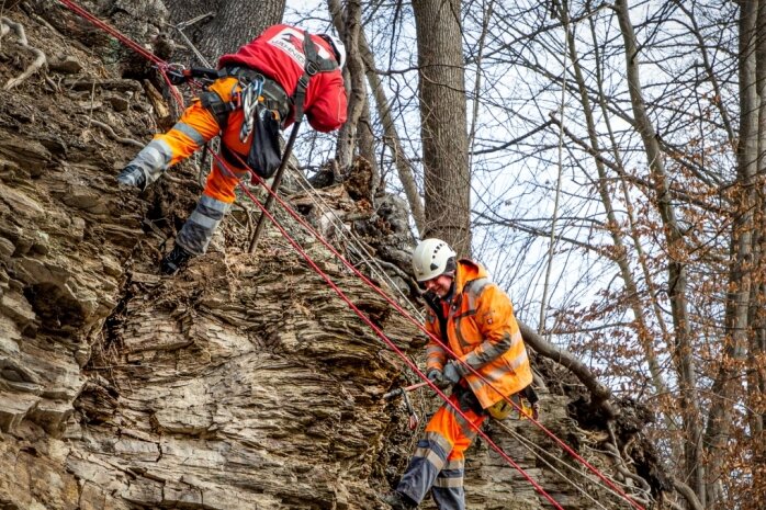 Lose Steine und gefährliche Bäume an B 173 bei Falkenau kommen weg - Mitarbeiter der Jähnig GmbH Felssicherung und Zaunbau aus Dorfhain haben am gestrigen Montag mit Felssicherungsarbeiten oberhalb der Ortslage Falkenau begonnen. 