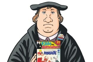 Martin Luther mit der Nummer 483 des Mosaikheftes: Die Abrafaxe landen im Mansfelder Land.