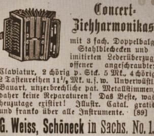 Mammutprojekt will Akkordeon-Hersteller erfassen - Akkordeonbau gab es einst auch in Schöneck, wie diese Werbeanzeige von 1906 belegt. 