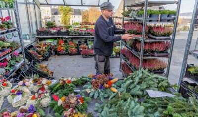 Marktsaison geht zu Ende - Zum letzten Mal in diesem Jahr hat Kai Baden von der gleichnamigen Gärtnerei in Annaberg-Buchholz am Donnerstag die Regale für den Wochenmarkt vorbereitet.
