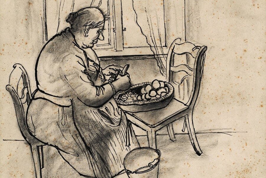 Max Pechstein als Fotograf: Er knipste nur einen Sommer - Prosaische Arbeit als Motiv der Kunst: Max Pechsteins Tuschezeichnung von der Kartoffelschälerin aus dem Jahr 1927,... 