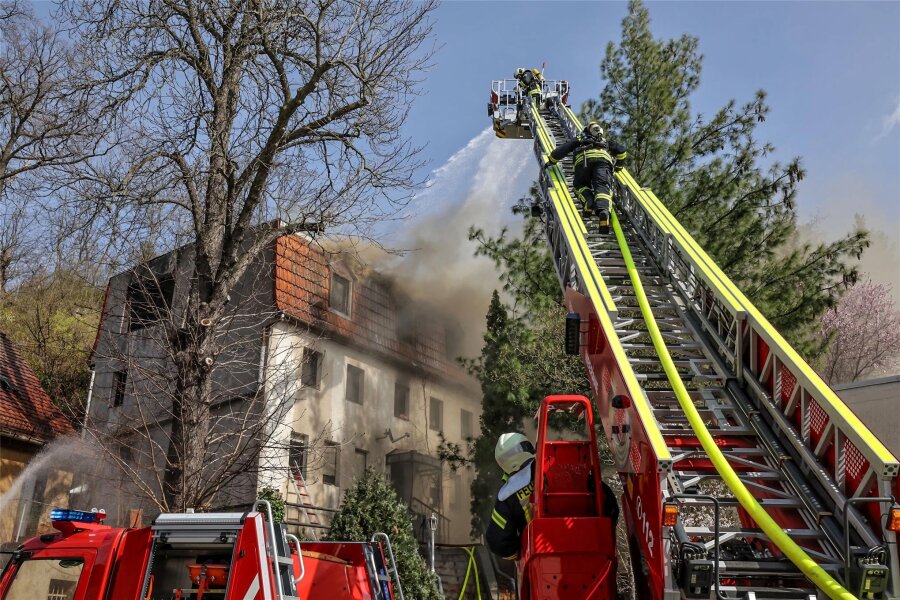 Meerane: Brand zerstört Wohnhaus einer fünfköpfigen Familie - Durch die Bäume im Umfeld war der Drehleiter-Einsatz eine Herausforderung.