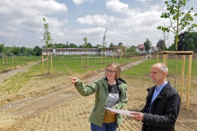 Meerane sucht Namen für neue Parkanlage - Für die neue Grünanlage, die Bürgermeister Jörg Schmeißer (rechts) jüngst gemeinsam mit Sabine Schumann vom Dezernat Bauwesen und Umwelt begutachtete, sucht die Stadt Meerane noch einen Namen.