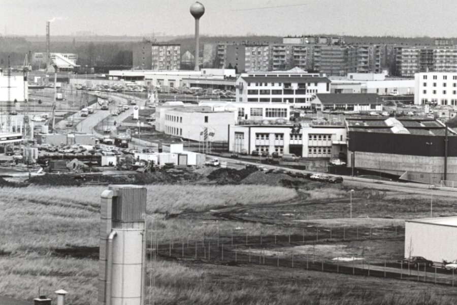 Das Foto entstand 1994, als sich schon die ersten Firmen angesiedelt hatten. Im Hintergrund befinden sich die Wohnblöcke am Westring. 