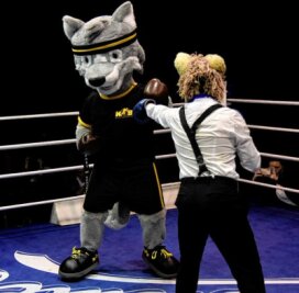 Mehr als nur ein Plüschkostüm - Fredi (M.) und der Chemnitzer Boxwolf schenkten sich nichts im Ring, sodass Kampfrichter Benjamin Kahlert am Ende ein Unentschieden gab. 